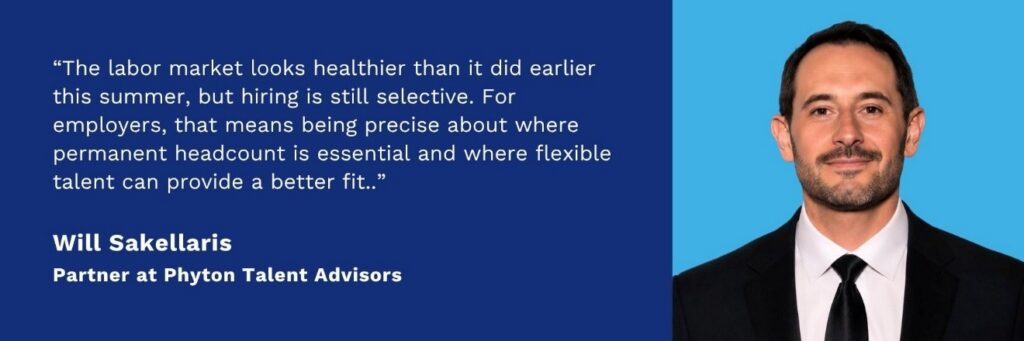 Quote graphic featuring Will Sakellaris, Partner at Phyton Talent Advisors, on the August 2026 jobs report and selective hiring.